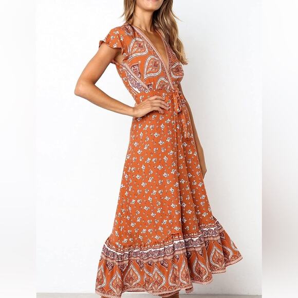 Medium Fall Maxi Dress Long Boho Medium Wrap Dress Cottage Prairie Orange Dress - Picture 1 of 16